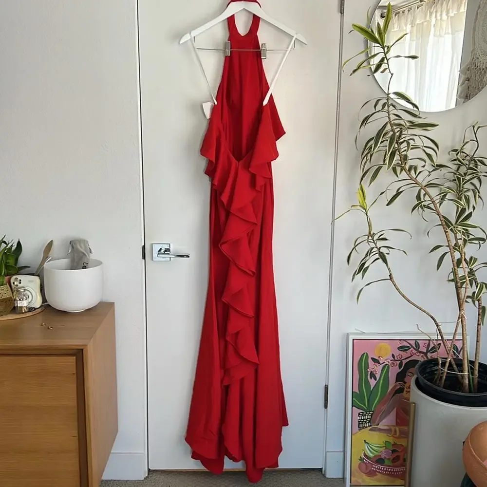 NWT Xscape Red Long Halter Low Back Maxi Dress Gown Size 2 / Small - Picture 2 of 9